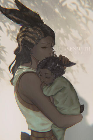 Art of Cahciua holding her baby son, Erenville. From Final Fantasy 14: Dawntrail