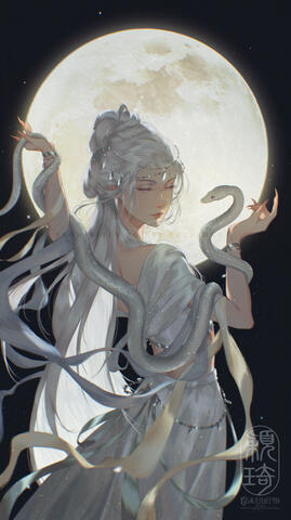Art of a woman with white hair and purple eyes. A white snake with purple eyes is wrapped around her with a moon behind them.